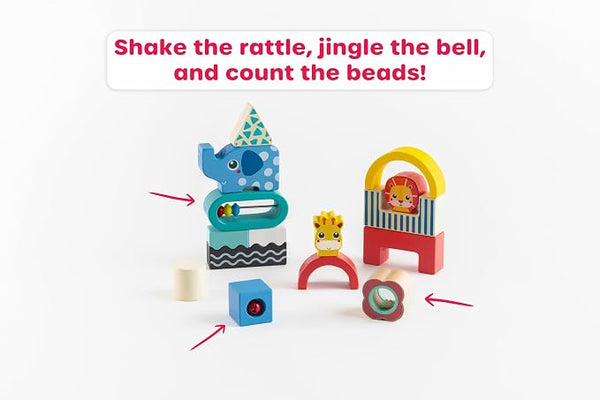 Jasey's Toy Chest Wooden Shape & Animal Blocks - 15-Piece Chunky Wooden Set with Rattle, Bell & Colorful Beads for Toddlers