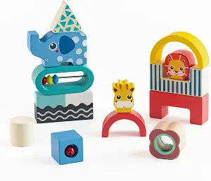 Jasey's Toy Chest Wooden Shape & Animal Blocks - 15-Piece Chunky Wooden Set with Rattle, Bell & Colorful Beads for Toddlers