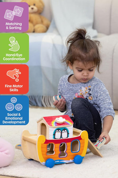Jasey's Toy Chest Noah's Ark Wooden Sort & Match | 18-Piece Shape Sorting Ark with Animal Pairs, Figures & Ladder