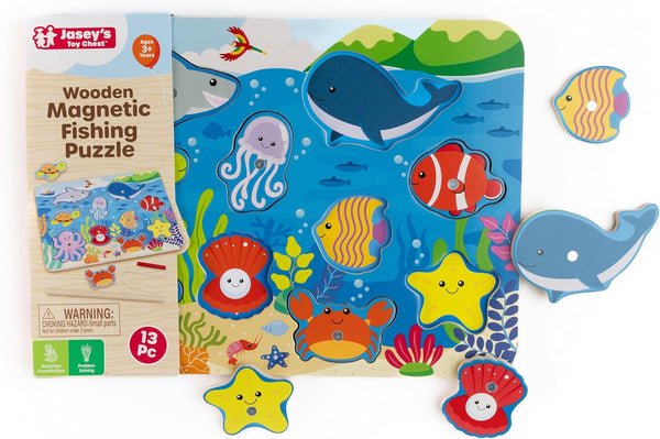 Jasey's Toy Chest Magnetic Fishing Puzzle | Wooden Fishing Game with Rod & Colorful Pieces