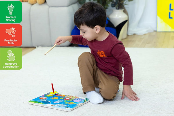 Jasey's Toy Chest Magnetic Fishing Puzzle | Wooden Fishing Game with Rod & Colorful Pieces