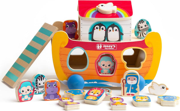 Jasey's Toy Chest Noah's Ark Wooden Sort & Match | 18-Piece Shape Sorting Ark with Animal Pairs, Figures & Ladder