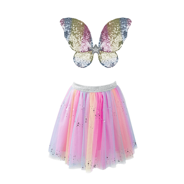 Rainbow Sequins Skirt, Wings, and Wand